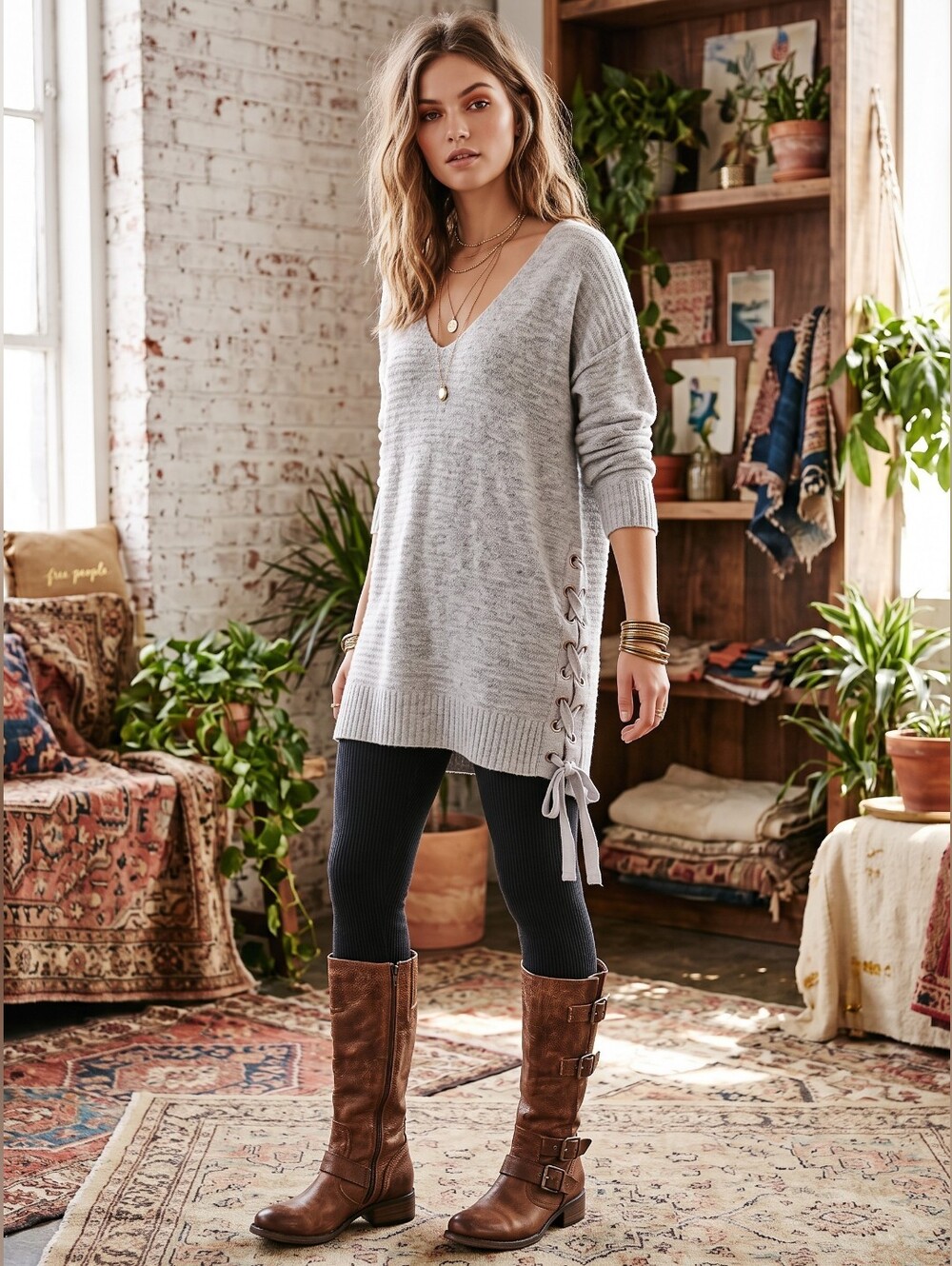 Free People Light Gray V-Neck Lace-Up Side Tunic Sweater Size Large